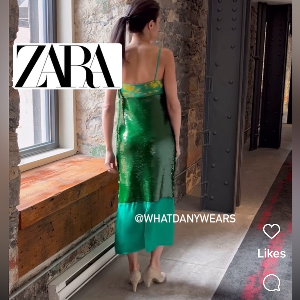 Zara Green Sequin & Teal Colorblock Midi Dress - Picture 6 of 14